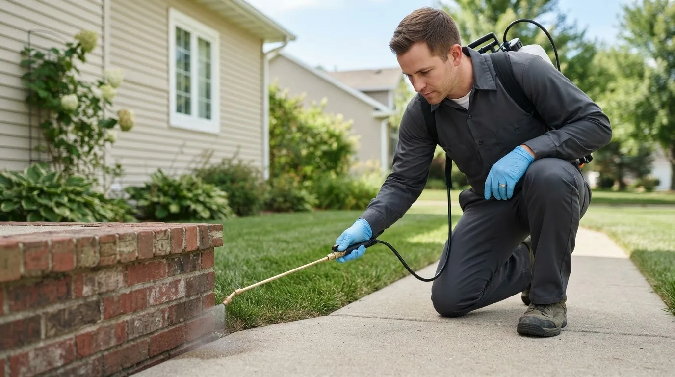 Pest control technician treating a home near Newtown, PA